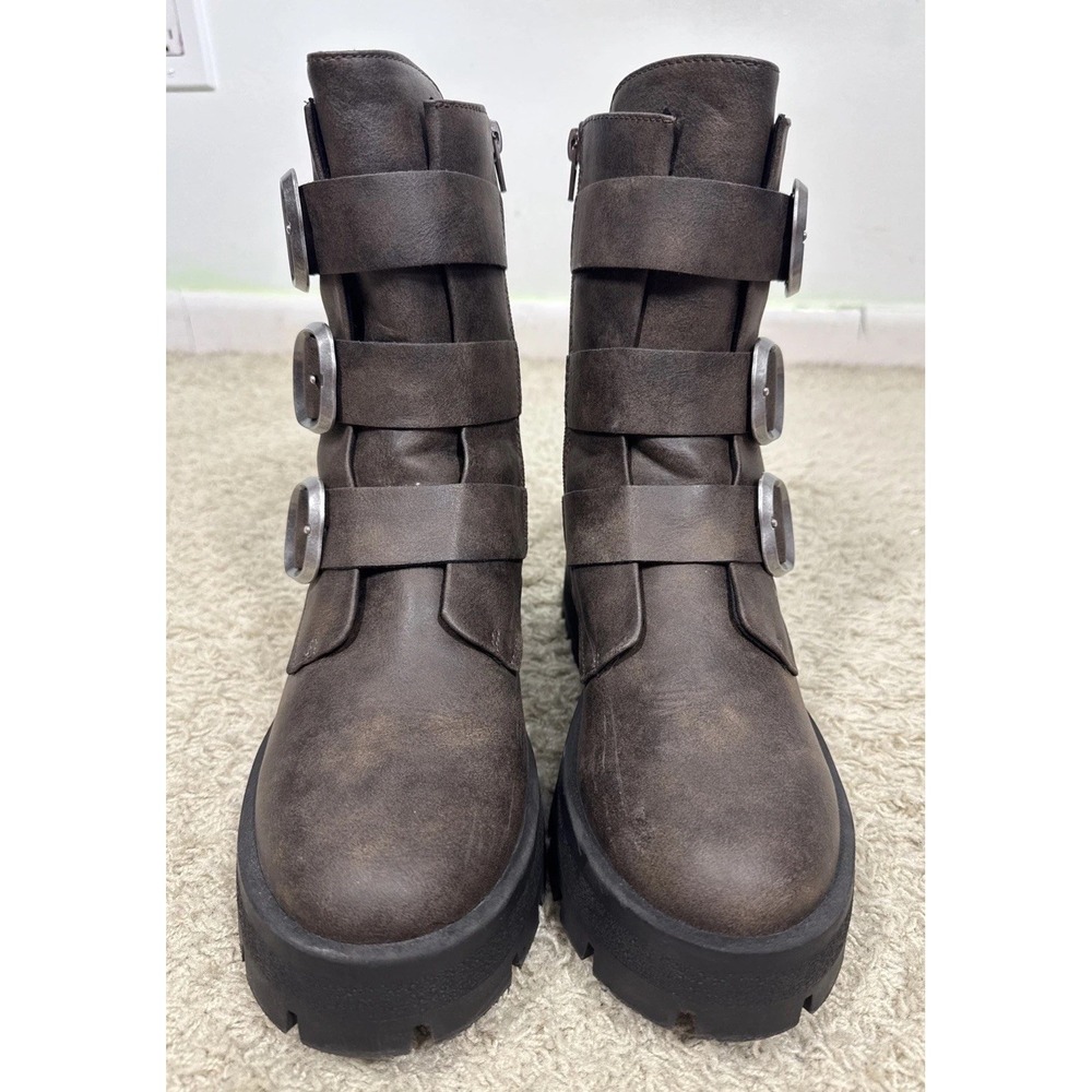 Madden NYC Brown Faux Leather Buckle Up Combat Boots Womens 10M Moto Rock Grunge - Picture 2 of 14